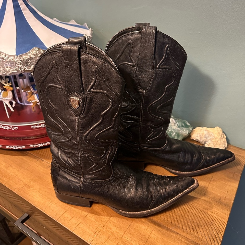 Wild West Boots Mens Black Western Ostrich Leather Cowboy Boots Pointy Toe SZ 8